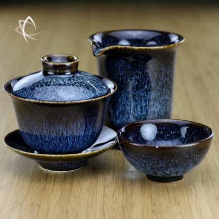 Blue Hare's Fur Gaiwan with Matching Calla Pitcher and Half-Moon Cup Set