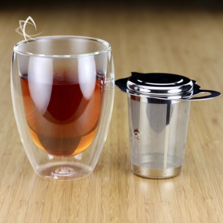 Tall Solo Double Wall Glass Tea Cup with Stainless Steel Tea Basket Featured View