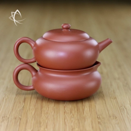 New Elegant Red Clay Teapot with Flat tea Pitcher Stacked View