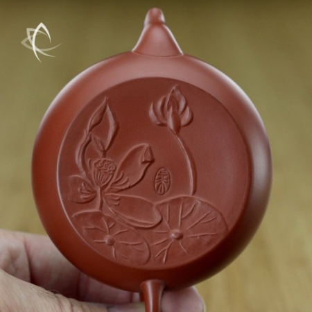 Small Flat Lotus Pond Teapot in Red Clay Underside View