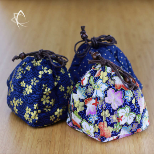 Padded Drawstring Tea Cup Smaller Pouches, Flying Cranes Prints